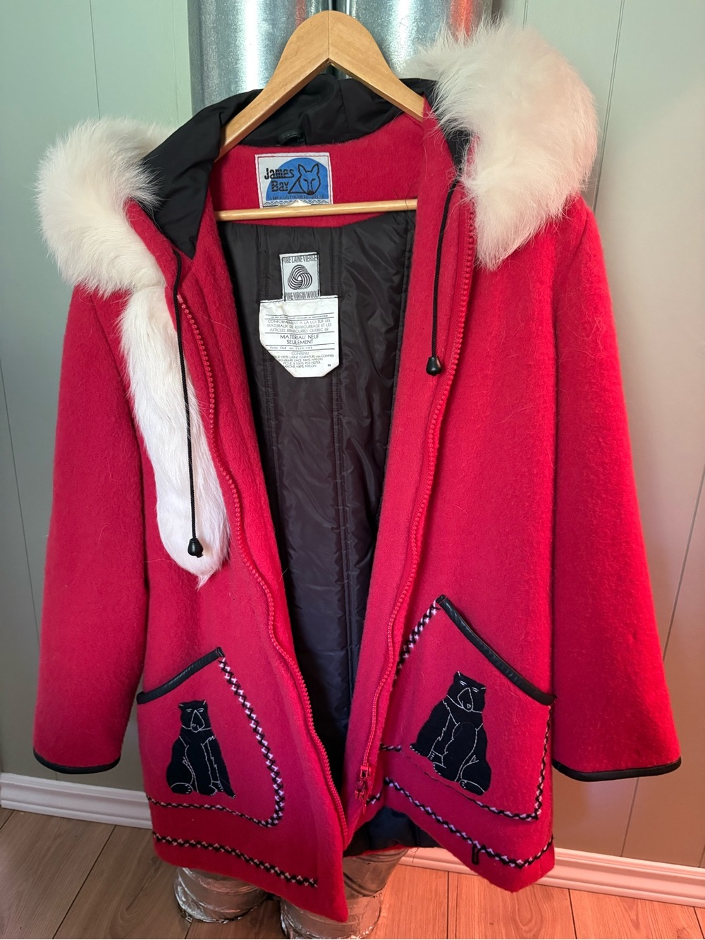 Vintage James Bay Red Wool Parka • Fox Trim • Made in Canada • Size 16